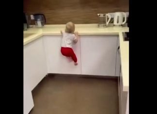 Bebé se sube a la cocina