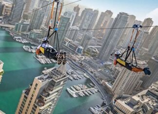Atracción extrema en la tirolina urbana más larga permite sobrevolar la Marina Dubái